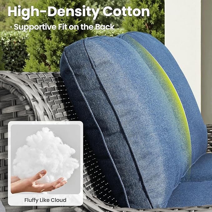 ovios 5 Pieces Patio Furniture Set with 30" Fire Pit Table, Outdoor Wicker Sofa with Loveseat, Comfy Cushions, High Back Couch Conversation Set, Grey Rattan, Denim Blue