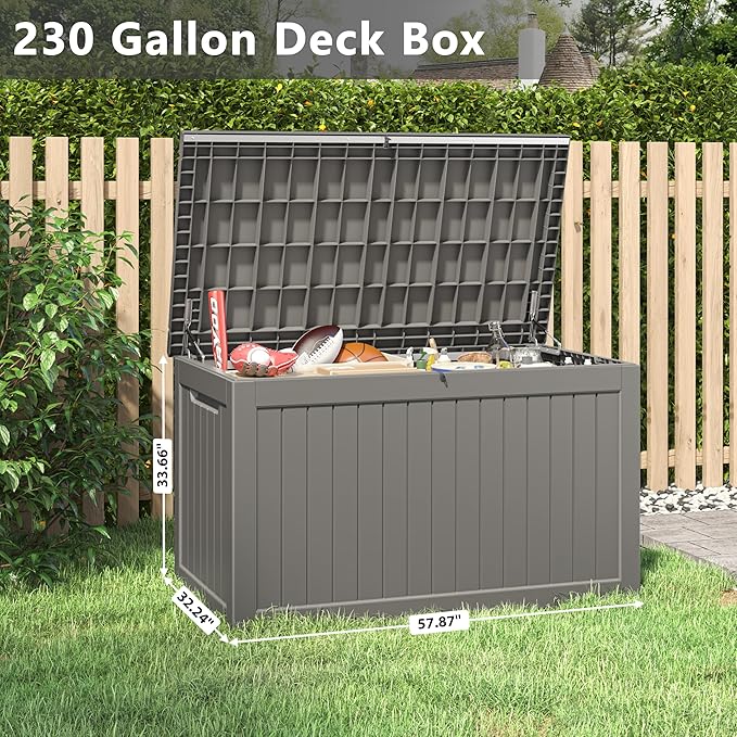 KAMABOKO 230 Gallon Outdoor Storage Box, Resin Deck Boxes Indoor and outdoor, Waterproof Storage Box Lockable Lid for Garden Tools, Package Delivery, Patio Cushions, Grey