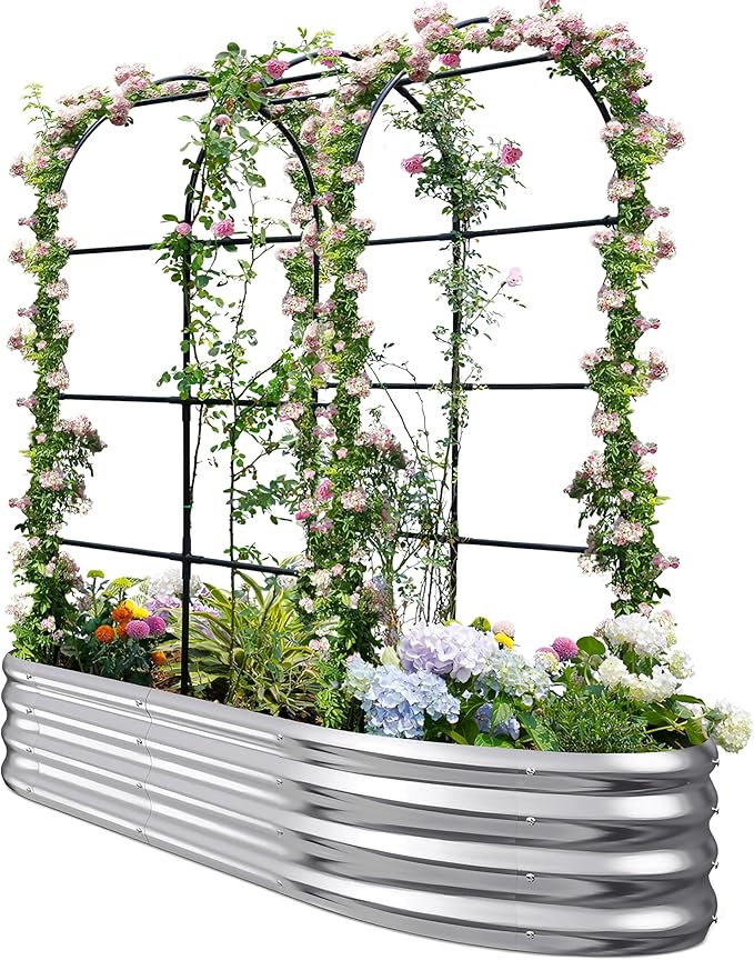 KING BIRD Raised Garden Bed with Arched Trellis Galvanized Planter Garden Box Outdoor for Gardening, Climbing Vegetables, Flowers 5.9x2.95x0.98 Ft, Silver