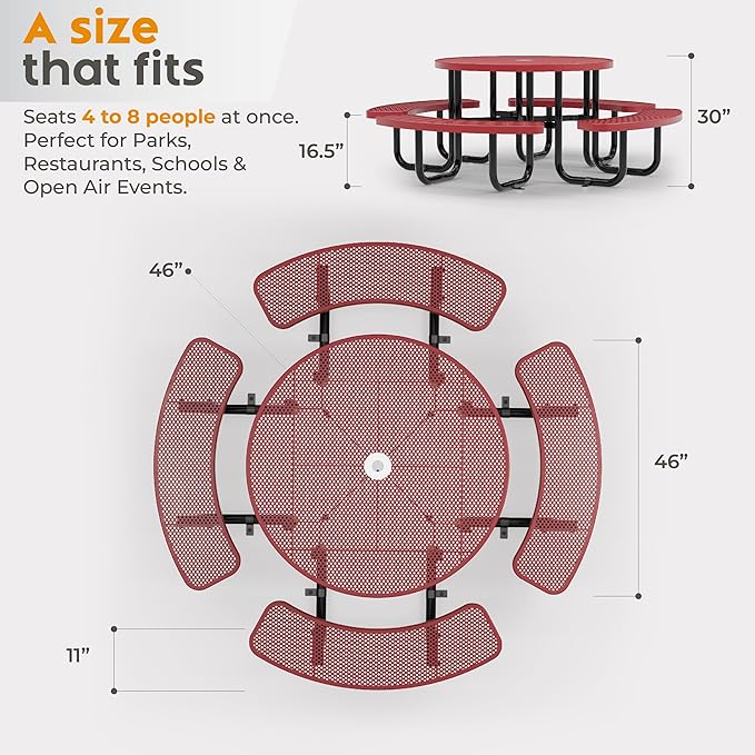 Metal Picnic Tables for Outdoors with Umbrella Hole - Coated Steel Heavy Duty Commercial Grade Table with Adjustable Seats (Red, 46 in, Round, Punched Steel)