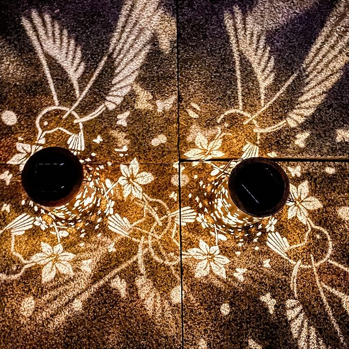 2 Pack Hummingbird Solar Lanterns Outdoor Hanging Lantern Lights, Hollowed-Out Metal Decor Lantern