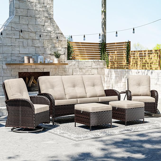 Joyside 6 Piece Patio Furniture Set, Outdoor Wicker Conversation Sets with Swivel Rocker Chairs and Sofa, Thick Cushion, Rattan Patio Sectional for Porch, Deck Use (Brown/Beige, 6 PCS)