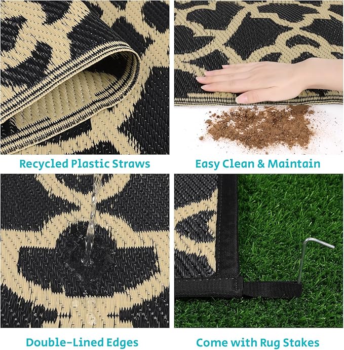 HEBE Outdoor Rug Waterproof 6x9, Reversible Plastic Straw Rug RV Camping Rug, Indoor Outdoor Patio Mat Clearance, Outside Carpet for Porch,Deck,Camper,Balcony,Backyard,Picnic