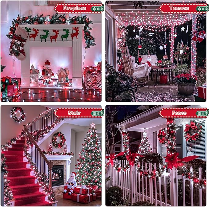 JMEXSUSS 500 LED Red and White Christmas Lights, 173ft 8 Modes Christmas String Lights Outdoor Waterproof Plug in Christmas Tree Lights for House Xmas Tree Party Holiday Decor