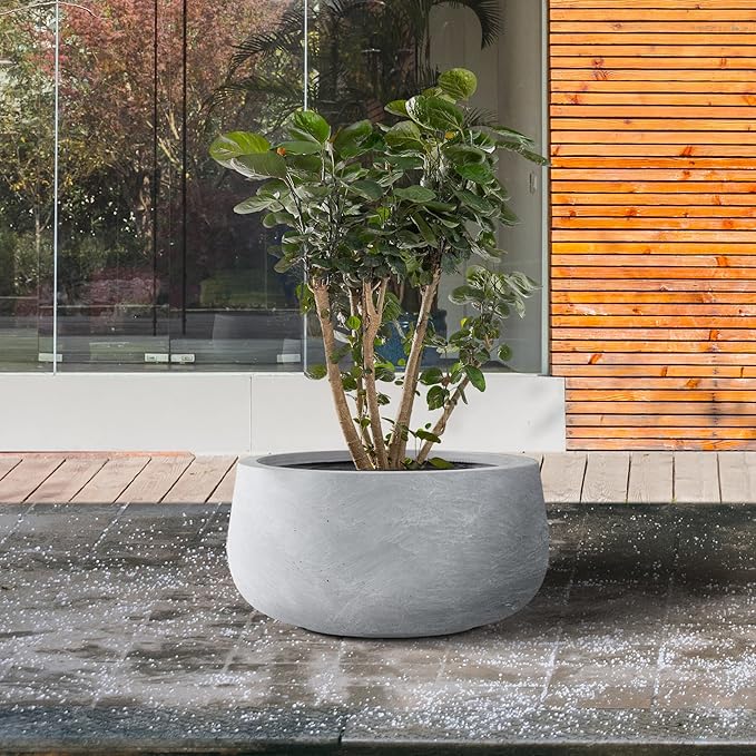 Kante 11.8" Dia Round Concrete Planter, Cement Plant Pots with Drainage Hole and Rubber Plug for Outdoor Indoor Garden Home, Modern Curvaceous Design, Gray