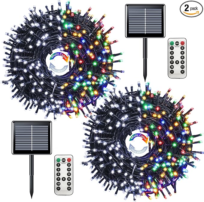 JMEXSUSS 2 Pack White and Multicolor Solar Christmas Lights, Total 400 LED 151FT Color Changing Solar String Lights Outdoor Waterproof for Outside Yard Tree Christmas Decorations
