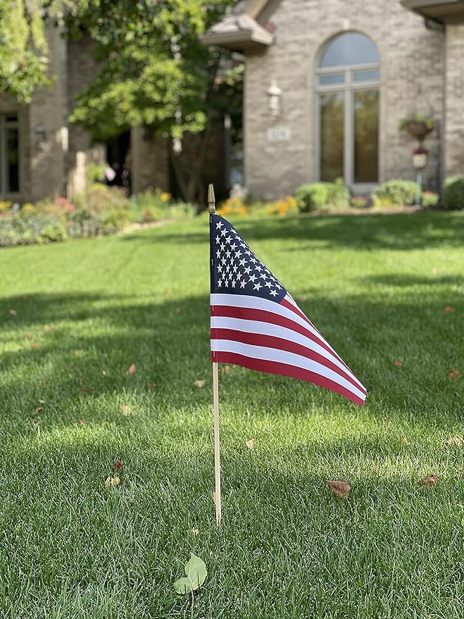 American Flags on Stick - Handheld Spearhead US Flag for 4th of July, Memorial Day Event Decorations - Patriotic Decor for Indoors & Yard - Wooden Stick, Cotton Fabric (12" X 18" - 144 Pack)