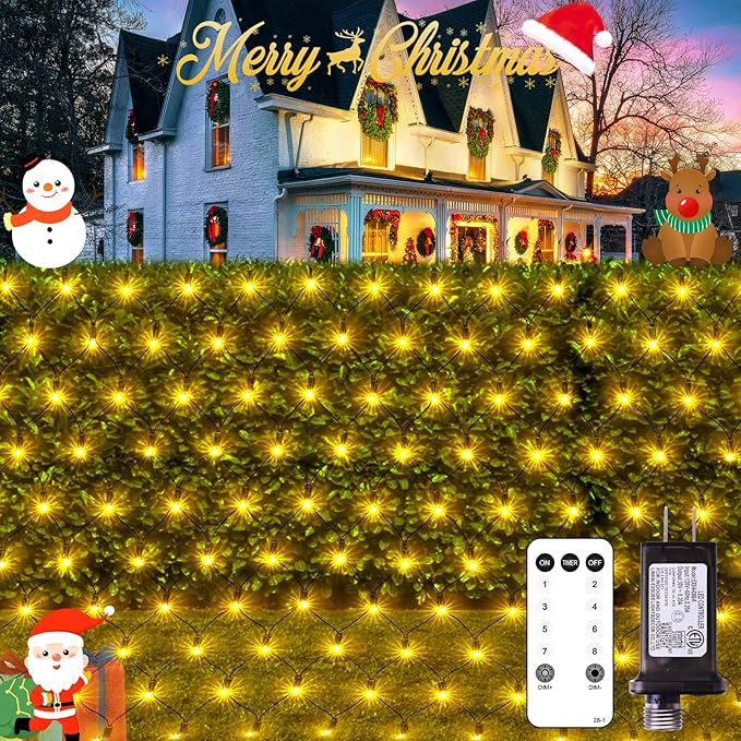 JMEXSUSS 360 LED Christmas Net Lights Outdoor Waterproof, Connectable 12ft x 5ft Net Lights Outdoor Mesh Lights with Remote, Plug in Warm White Net Lights for Bushes Shrubs Christmas Decorations