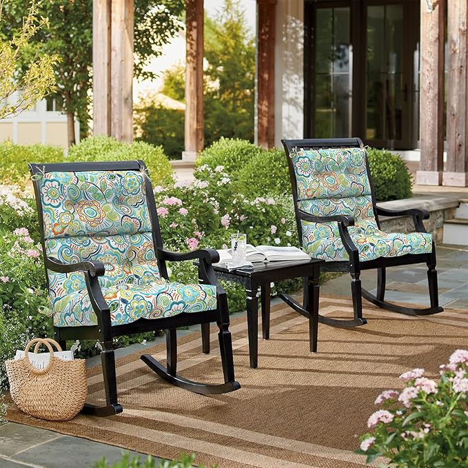 LVTXIII Outdoor Seat/Back Chair Cushion Patio Tufted High Back Cushion, Seasonal Replacement Rocking Chair Cushion with Ties (22” W x 20D”, Set of 2, Flower Blue)