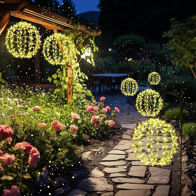 Joomer Solar Hanging Lights Outdoor, 2 Pack 12in 120 LED Solar Globe Lights, 8 Modes Waterproof Foldable Metal Sphere Light with Hook for Garden Yard Porch Decor-Warm White (Ball with Green Leaf)