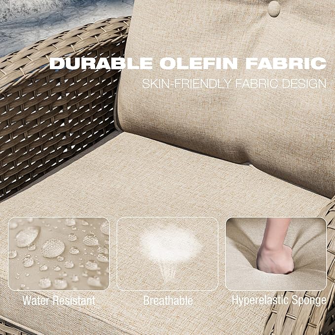 Joyside Outdoor Swivel Rocker Chairs, 6 Piece Wicker Patio Set with Thick Cushion and Side Table, Rattan Patio Swivel Rocking Chairs for Porch, Deck Use (Natural/Beige, 6 PCS)