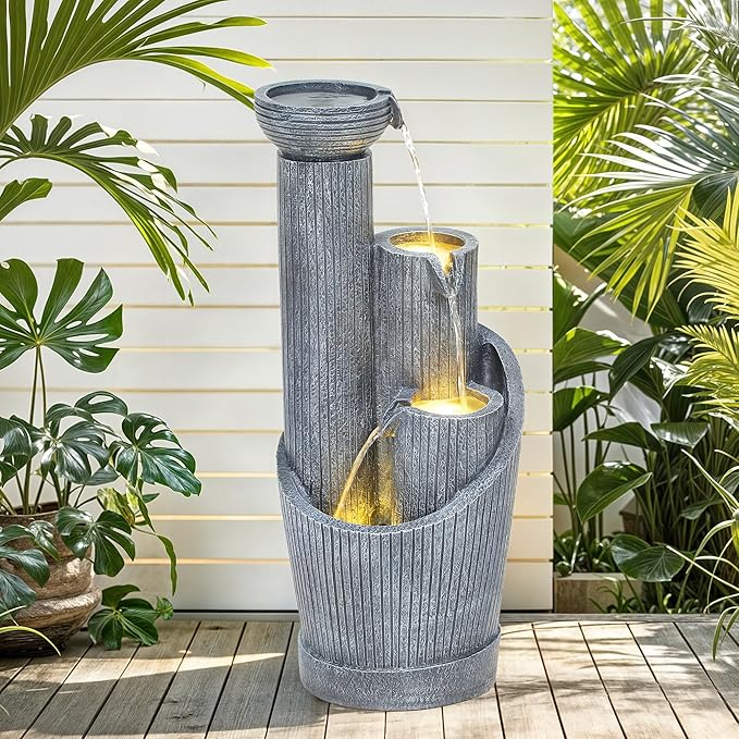 31" Modern Outdoor Water Fountain with LED Lights, 5-Tier Twist Pedestal Bowl Garden Fountain, Cascading Waterfall for Relaxing Garden, Patio, Backyard, Deck, Porch or Home Decor