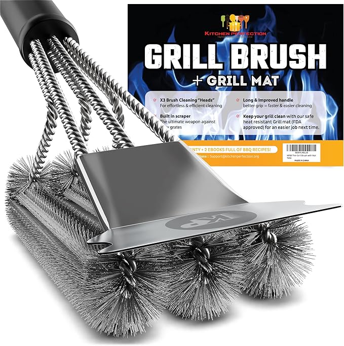 KITCHEN PERFECTION Safe Wire Grill Brush for Outdoor Grill w/Grill Scraper & Grill Mat Grill Cleaning Kit -Extended Handle BBQ Brush for Effortless Grill Cleaning Grill Cleaner Brush Barbecue Tools