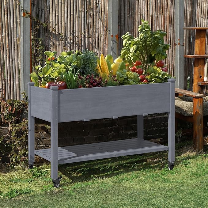 MUPATER 4 x 2 Raised Garden Bed, Elevated Garden Bed with Drainage Holes, Planter Box with Four Wheels and Legs for Herbs and Vegetables, Greenhouse, Garden, Farm, Gray