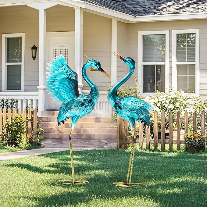 36.75" Metal Crane Garden Statue - Handmade Oversize Heron Sculptures with Stable Ground Stakes, Backyard Large Bird Decoration, Metal Garden Art.