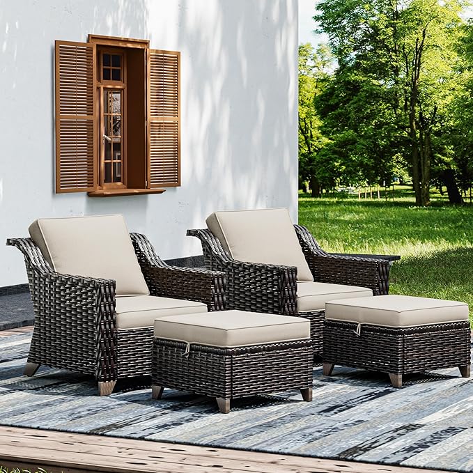 Joyside Wicker Patio Furniture Sets, 4 Pieces Upgraded Large Size Outdoor Furniture with Patio Dining Chairs and Outdoor Ottoman, Thick Cushions, Wide Armrest