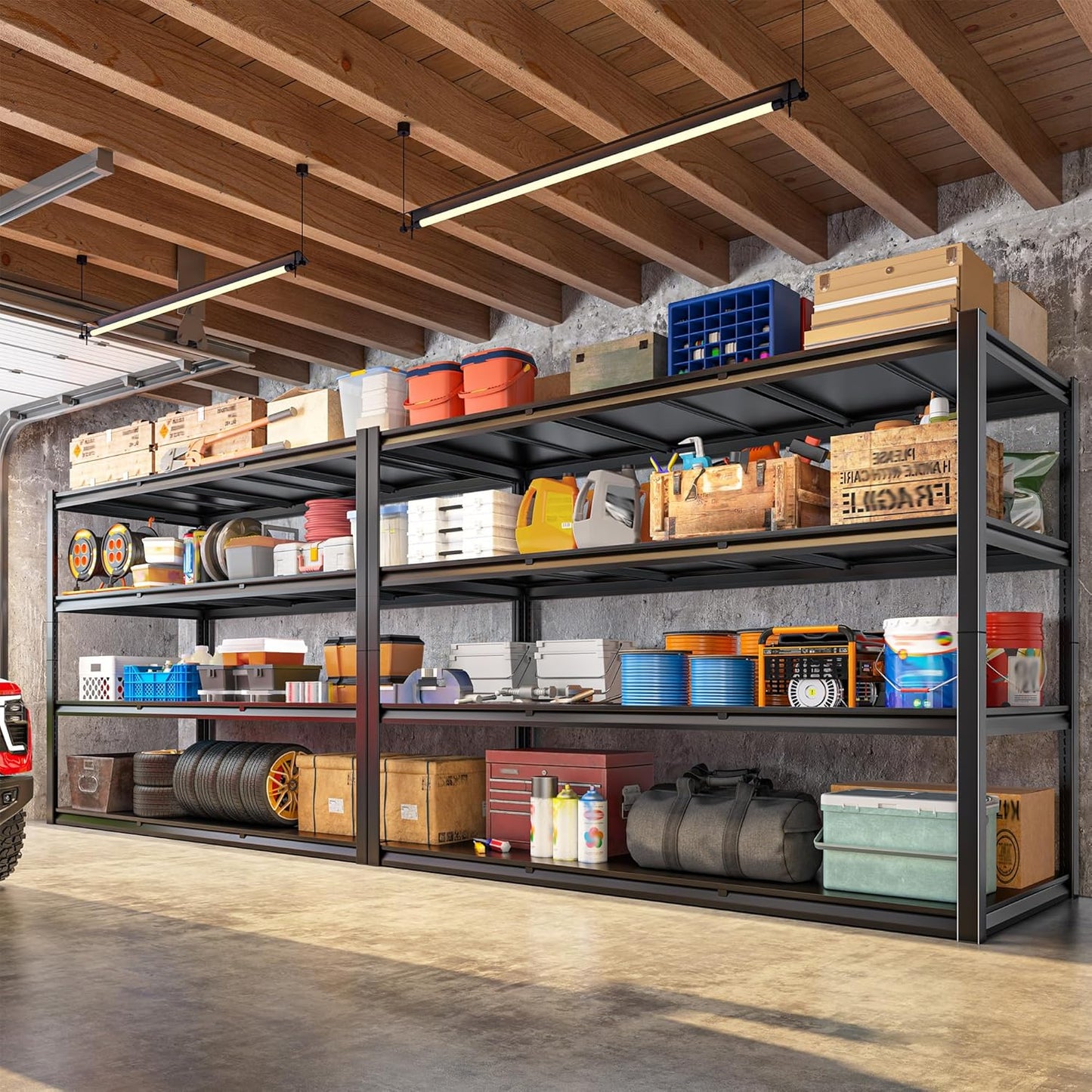 59.8" W x 59.8" H x 24.2" D Metal Storage Shelves, 2120LBS Garage Shelving Unit with Adjustable Shelf, 4 Tier Storage Rack for Garage, Pantry, Warehouse, Basement, Black, 2 Pack