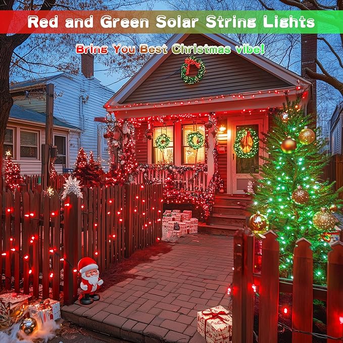 JMEXSUSS Red and Green Solar Christmas Lights Outdoor Waterproof, 2 Pack 100 Led 33ft Color Changing Christmas Lights, 8 Modes Solar String Lights for Christmas Tree Decor
