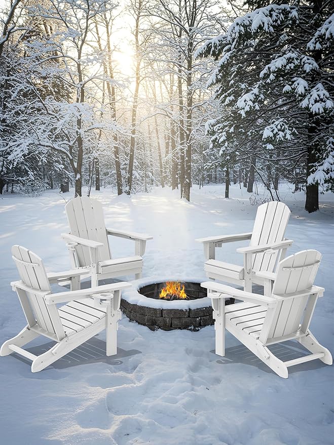 KINGYES Folding Adirondack Chair Set of 8, Dual Cup Holders & All-Weather HDPE, Wood-Like Patio Chair for Backyard, Camping, Pool & Fire Pit, White