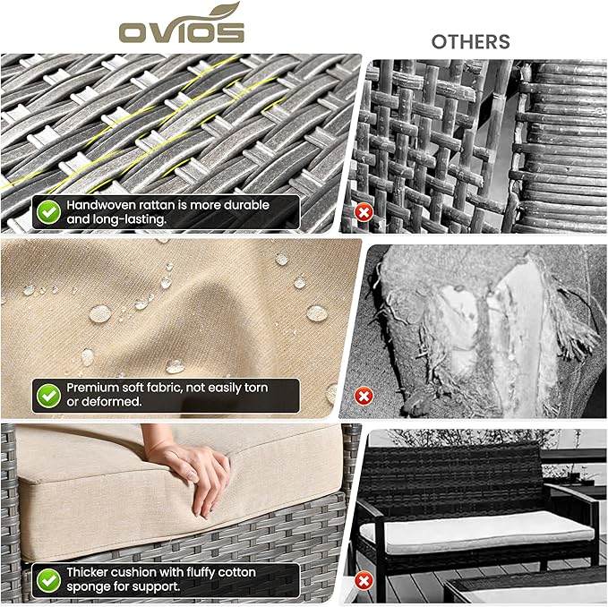 ovios 7 Pieces Patio Furniture Set with 54" Fire Pit Table, Outdoor Wicker Sofa with Comfy Cushions, All Weather High Back Rattan Couch Conversation Set, Beige