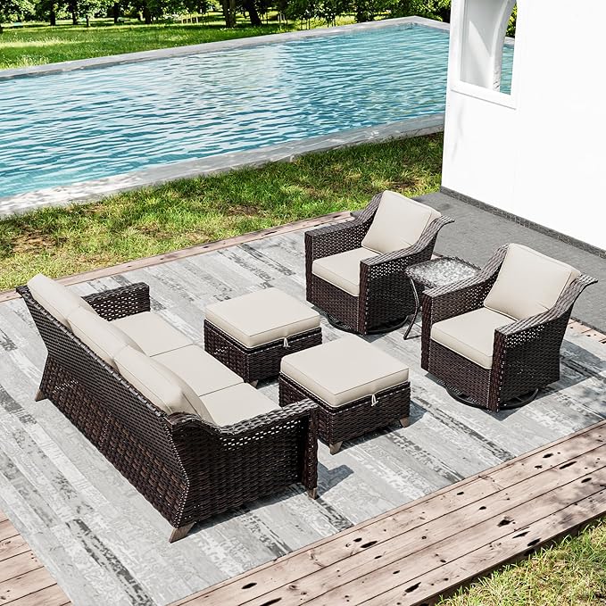 Joyside Wicker Patio Furniture Sets, 6 Pieces Upgraded Large Size Outdoor Furniture with Swivel Rocking Patio Chairs, Outdoor Ottoman, 3-Seat Sofa and Side Table, Thick Cushions, Wide Armrest
