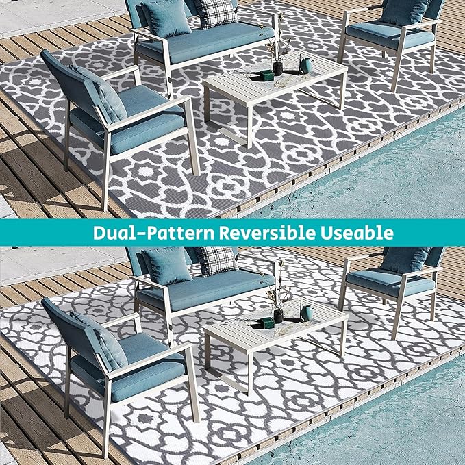 HEBE Outdoor Rug Waterproof 9x12, Plastic Straw Rug Camping Rug, Reversible Outdoor Patio Rugs RV Mat Clearance, Indoor Outside Floor Carpet for Porch,Deck,Camper,Balcony,Backyard