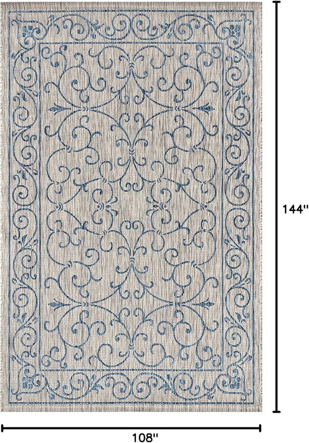 JONATHAN Y SMB106C-9 Charleston Vintage Filigree Textured Weave Indoor Outdoor Area Rug Classic Coastal Easy Cleaning Bedroom Kitchen Backyard Patio Non Shedding, 9 X 12, Gray/Navy