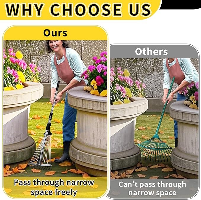 2 Pack Garden Rake for Leaves,Heavy Duty Metal Adjustable Leaf Rake for Lawns,Long Handle 33"-69" with Expandable Head 8"-15",Garden Tools for Yard Lawn Shrub Garden Beds