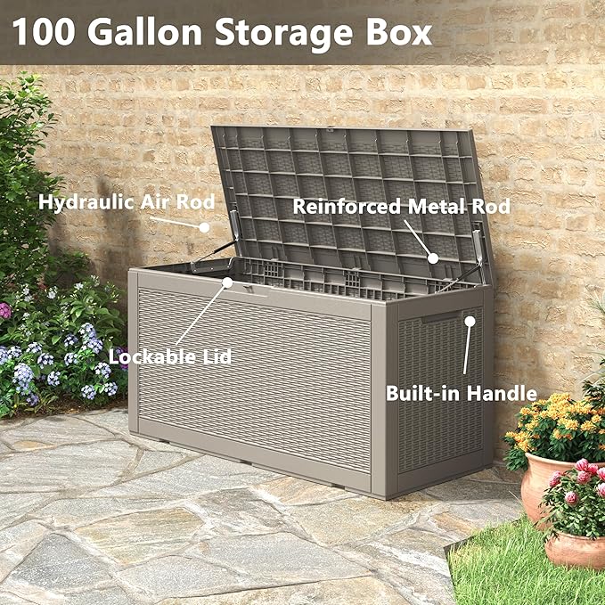 KAMABOKO 101 Gallon Waterproof Large Resin Deck Box, Lockable Large Outdoor Storage Boxes Indoor Outdoor Storage Container for Patio Cushions, Gardening Tools, Pool Supplies, Grey