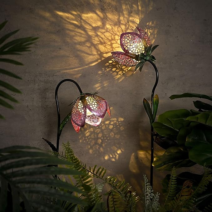 TERESA'S COLLECTIONS Flower Solar Outdoor Lights Garden Decor for Outside, 27-29.5'' Metal Tulip Yard Decorations Outdoor, Garden Stake Decorative for Porch Patio Decor, Set of 2, Gift for Christmas