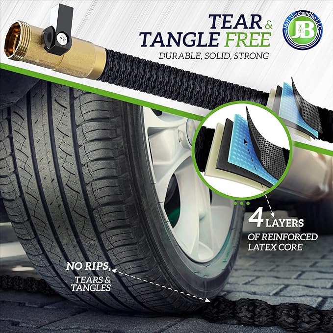 J&B XpandaHose 100ft Expandable Garden Hose with Holder - Heavy Duty Superior Strength 3750D - 4 -Layer Latex Core - Extra Strong Brass Connectors and 10 Spray Nozzle w/Storage Bag (Black 100)