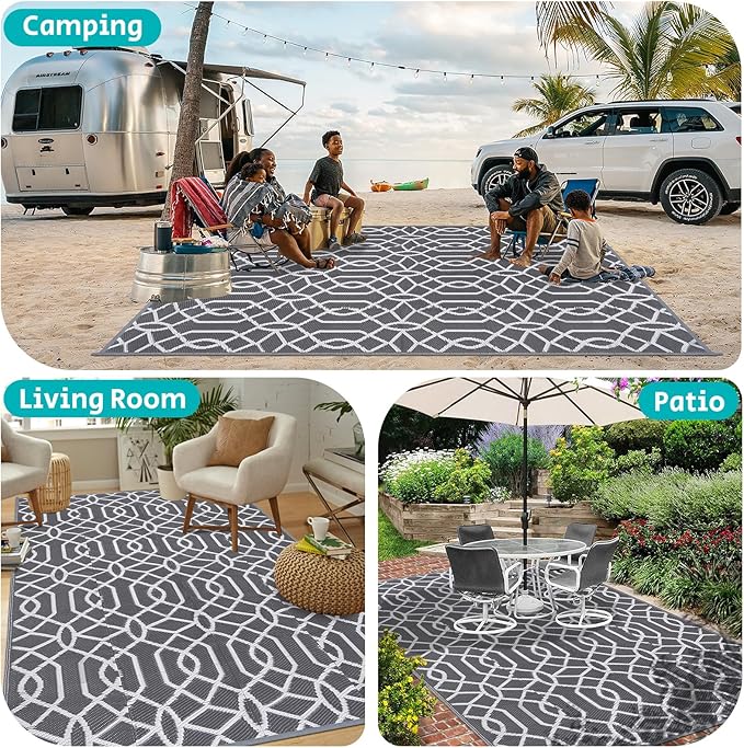 HEBE Outdoor Rug Waterproof 9x12, Reversible Plastic Straw Rug RV Camping Rug, Indoor Outdoor Patio Mat Clearance, Outside Carpet for Porch,Deck,Camper,Balcony,Backyard,Picnic