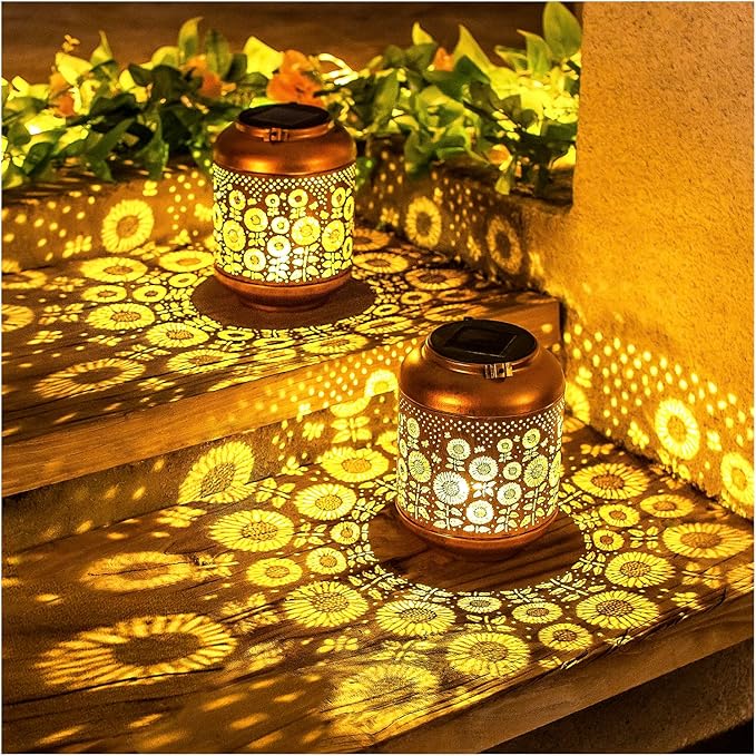 2 Pack Sunflower Solar Lanterns Outdoor Waterproof Hanging Solar Lights Sunflower Gifts for Women Men Mom Metal Decorative LED Outdoor Lanterns for Patio,Lawn,Landscape, Garden Decor, Yard Decoration