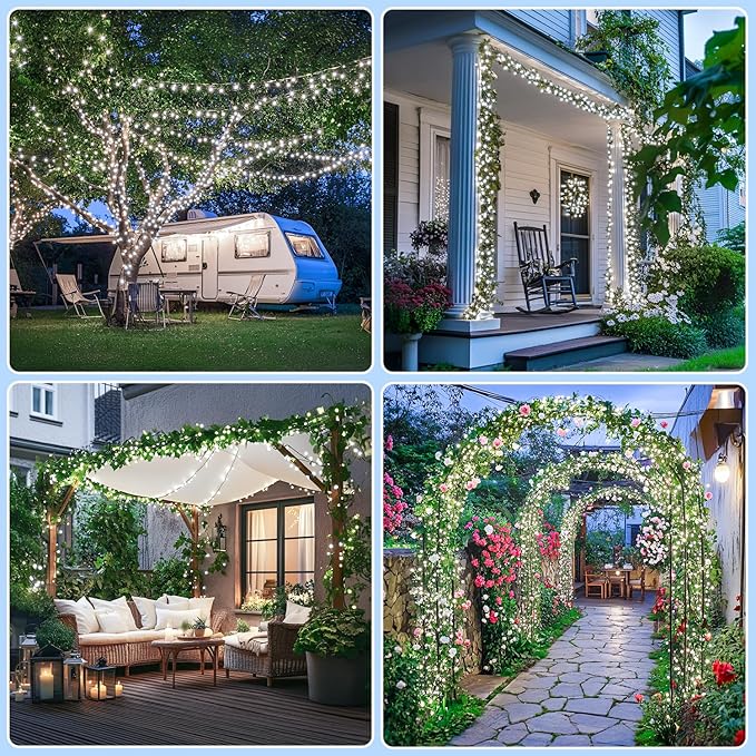 JMEXSUSS 2 Pack White Solar String Lights, Each 100 LED 33ft Green Wire Solar Lights Outdoor Waterproof for Outside Garden Wedding Party Decoration