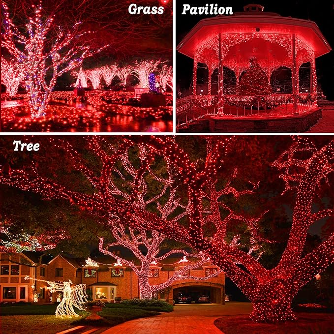 KNONEW 197FT 500 LED Christmas Lights Outdoor String Lights 8 Modes & Time Memory Fairy Light Plug in Waterproof LED String Lights for Xmas Yard Tree Wedding Party Holiday Decorations (Red)