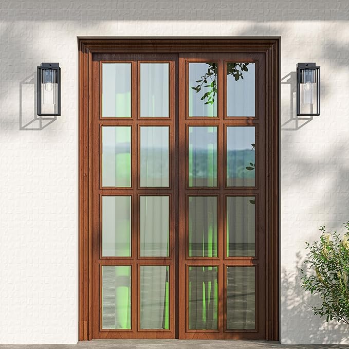 15.7 Inch Outdoor Wall Lights, Outdoor Wall Lantern with Circular Clear Glass Shade, Waterproof Exterior Lighting Fixtures, Modern Front Porch Lighting for House, Garage, E26 Base, ETL Listed, Black