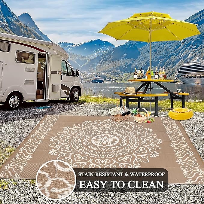 Pauwer Waterproof Outdoor Rug 9x12, Reversible Plastic Straw Patio Camping Rug, Indoor Outdoor RV Mat Carpet for Deck, Camper, Porch, Balcony, Backyard, Picnic, Floral Brown