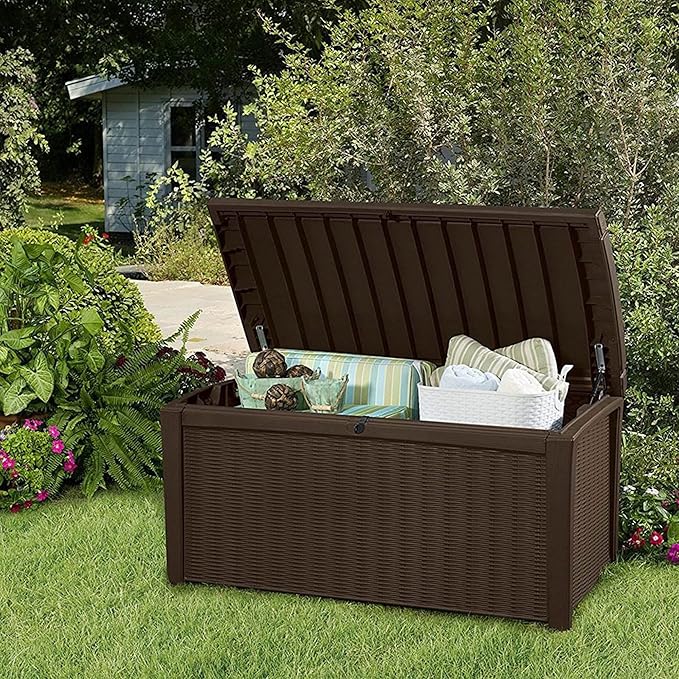 Keter Outdoor Storage Deck Box, for Patio, Backyard & Garden, Borneo, 110 Gallon, Brown - Lockable, Organizing, and Waterproof Plastic Container Bench