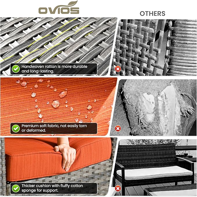 ovios 7 Pieces Patio Furniture Set with 54" Fire Pit Table, Outdoor Wicker Sofa with Comfy Cushions, All Weather High Back Rattan Couch Conversation Set, Orange Red
