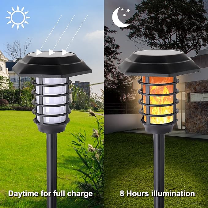 2Pack Solar Flame Lights Outdoor Solar Torch Lights Flickering Flame Solar Powered Auto On/Off Waterproof Security Path Lights for Walkway Garden Yard (66 LED)