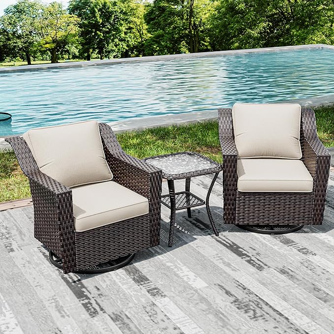 Joyside Wicker Patio Furniture Sets, 3 Pieces Upgraded Large Size Outdoor Furniture with 2 Patio Swivel Chairs and 1 Side Table, Thick Cushions, Wide Armrest
