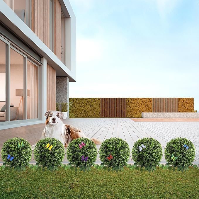 28" Artificial Boxwood Ball Bush, UV Resistant Topiary Tree Faux Boxwood Ball Shaped Porch Bushes with Ground Spike Artificial Bushes for Outdoors Front Door Decor Home Garden (6, Green)