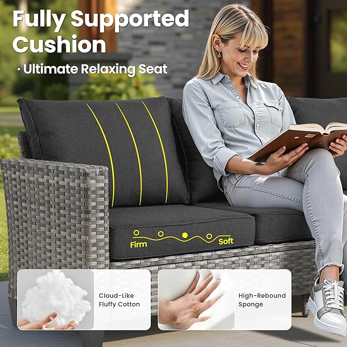 ovios 7 Pieces Patio Furniture Set with 54" Fire Pit Table, Outdoor Wicker Sofa with Comfy Cushions, All Weather High Back Rattan Couch Conversation Set, Black