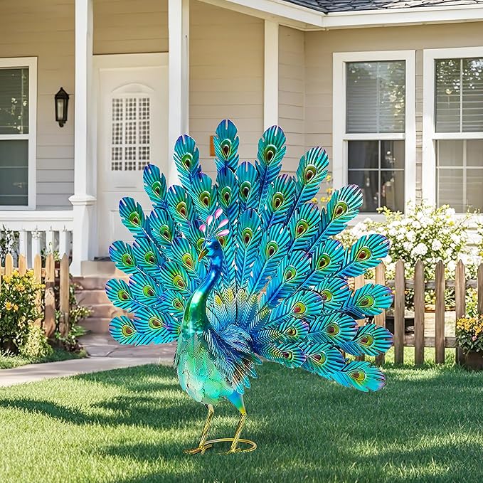 27.5" Tall Metal Peacock Garden Statue - Handmade, 3D Textured, Tail Spread Sculptures for Patio, Garden or Entryway.