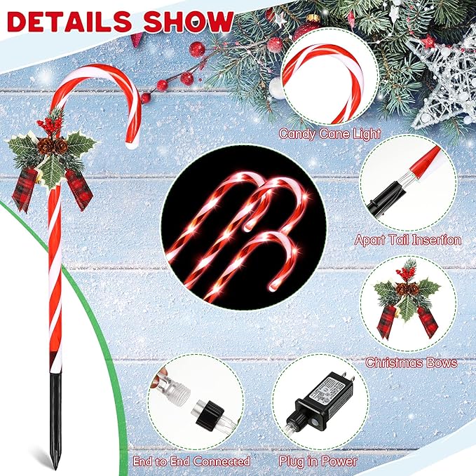Hiboom Christmas Candy Cane Lights, 10 Pcs 21 Inch Pathway Markers Lights with Stakes, Christmas Driveway Lights End to End Connected for Xmas Holiday Party Walkway Patio Garden Decor (Red and White)