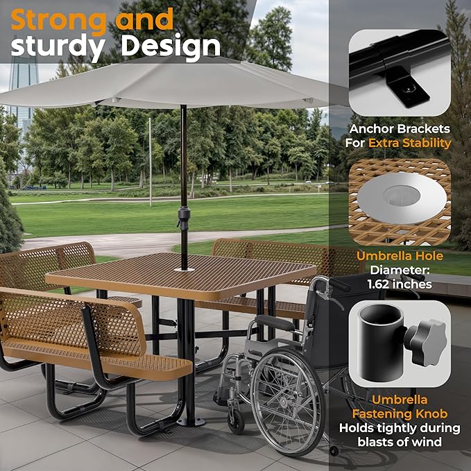 Metal Picnic Tables for Outdoors with Umbrella Hole - Coated Steel Heavy Duty Commercial Grade Table with Adjustable Seats (Brown, 46 in, Square with Back, Expanded Steel)