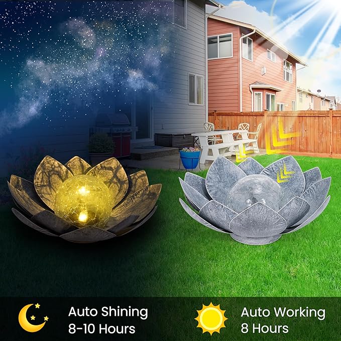 HPC Decor Solar Lights Outdoor Garden Decor - Art Crackle Globe Glass Lotus Decoration, Waterproof LED Metal Flower Lights for Outdoor Decor on Patio,Lawn,Walkway,Table,Perfect Gifts (Gray,11in)