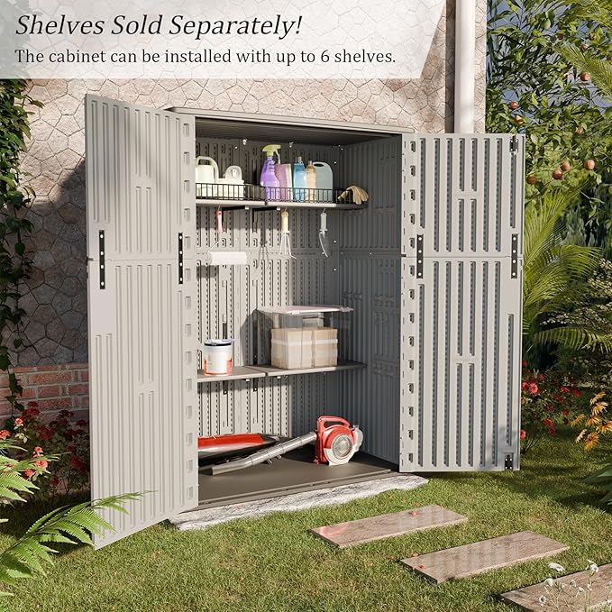 HOMSPARK Outdoor Storage Shed Weather Resistance, Patio Storage Cabinet Lockable Resin Tool Shed for Storage of Bike, Trash Cans, Garden Tools (Light Gray, 66 Cu.ft)