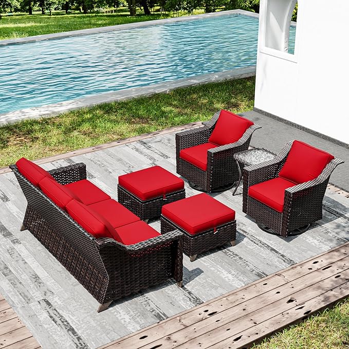 Joyside Wicker Patio Furniture Sets, 6 Pieces Upgraded Large Size Outdoor Furniture with Swivel Rocking Patio Chairs, Outdoor Ottoman, 3-Seat Sofa and Side Table, Thick Cushions, Wide Armrest
