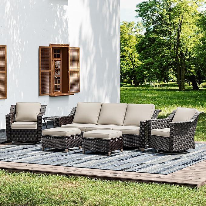 Joyside Wicker Patio Furniture Sets, 6 Pieces Upgraded Large Size Outdoor Furniture with Swivel Rocking Patio Chairs, Outdoor Ottoman, 3-Seat Sofa and Side Table, Thick Cushions, Wide Armrest